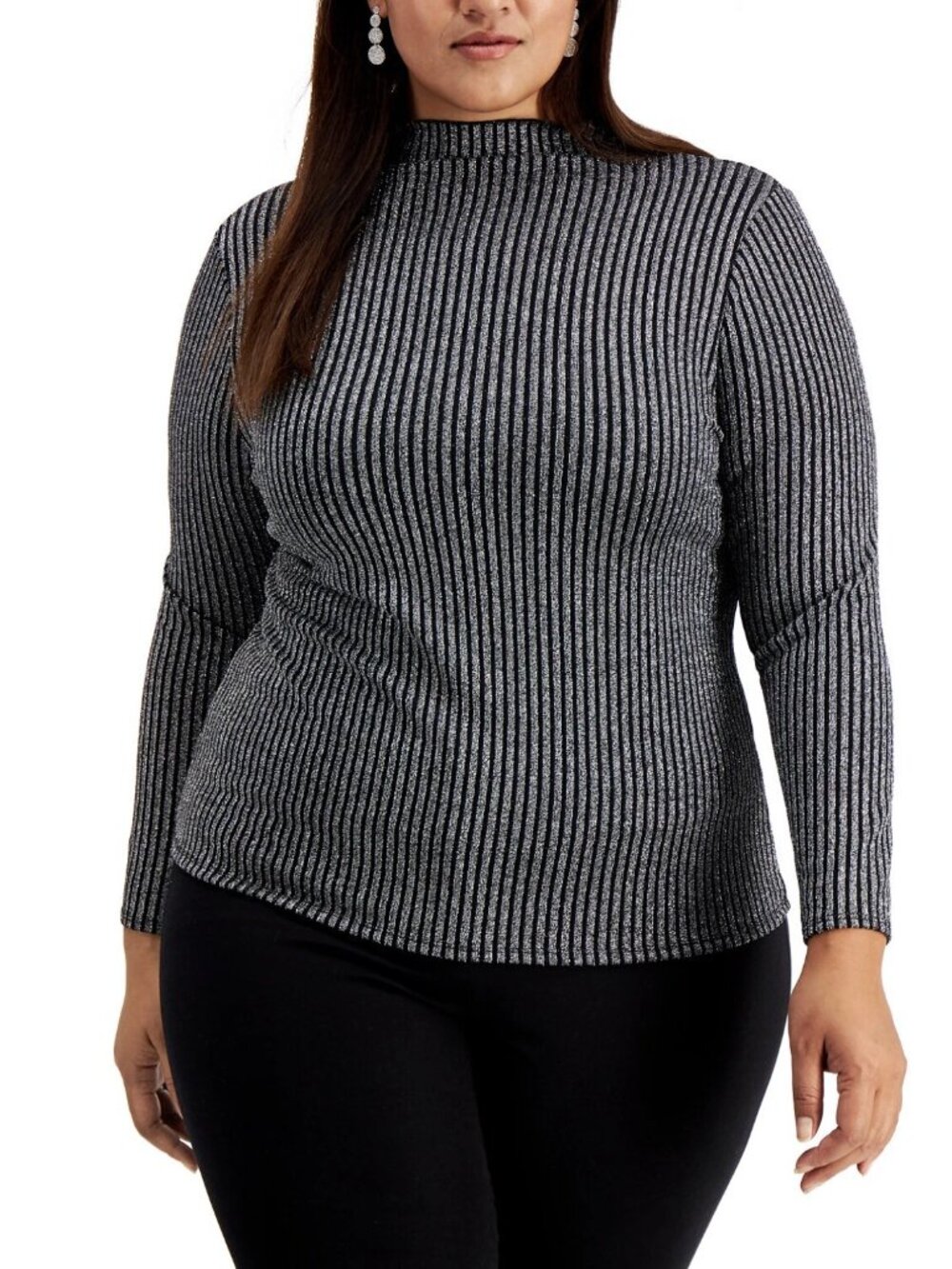 NWT Alfani Womens Plus Size 2X Silver Metallic Striped Mockneck Ribbed Sweater